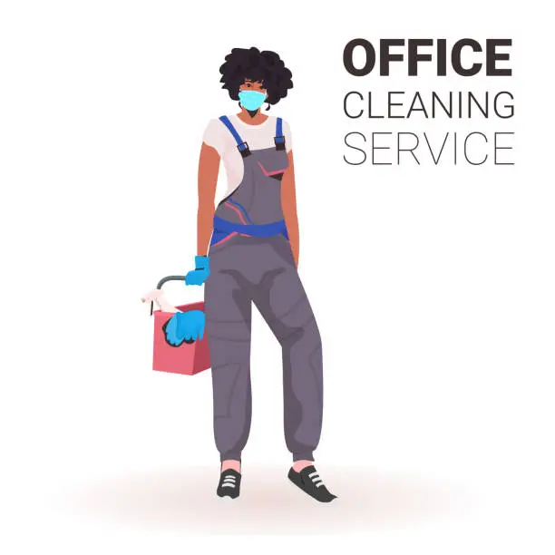 Vector illustration of female professional office cleaner woman janitor in medical mask with cleaning equipment