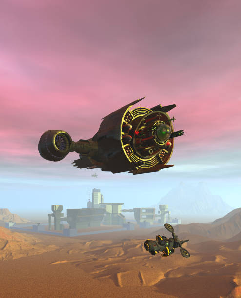 istock Spaceship exploring alien Planet, Flying over a space base, 3d illustration 1269994598