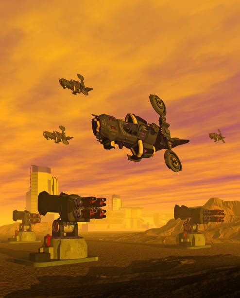 istock Spaceships exploring alien Planet, Flying over a space base, 3d illustration 1269994604