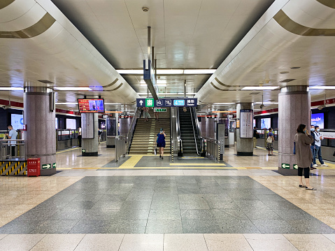 August 29, 2020: Beijing Line 1 Subway XIDAN Station Platform.