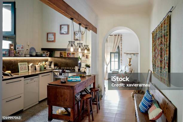 Rustic Domestic Kitchen In Spanish Home Stock Photo - Download Image Now - Rustic, Arch - Architectural Feature, Indoors