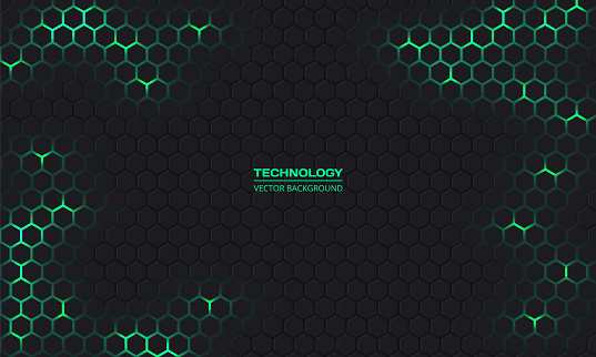 Dark technology hexagonal vector abstract background. Green bright energy flashes under hexagon in dark technology futuristic modern background vector illustration. Gray honeycomb texture grid.