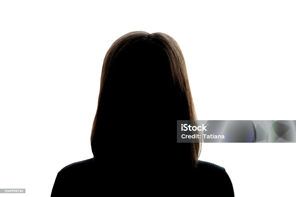 白色背景女孩的黑暗剪影, 匿名的概念。 - 免版稅側影圖庫照片