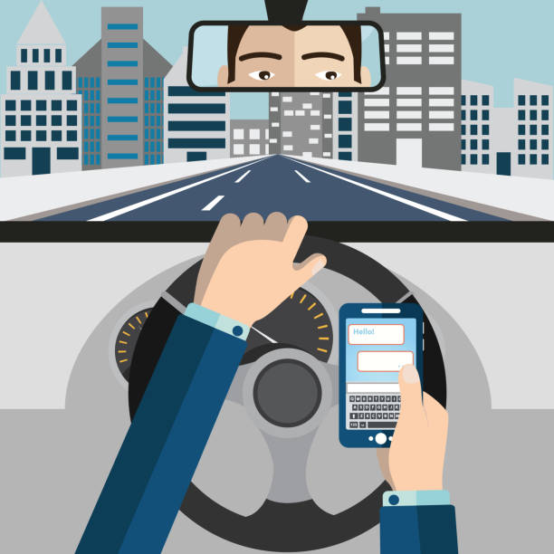 벡터 일러스트레이션을 운전하는 동안 휴대 전화를 사용합니다. - driving text messaging accident danger stock illustrations