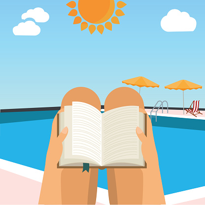A woman reading a book at the beach, vector illustration