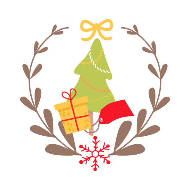 Beautiful Christmas Badge on White Background Beautiful Christmas badge on white background. Vector illustration of best icon surrounded by gray wreath and red snowflake. In centre of image green fir tree and yellow present with red tag. rame stock illustrations