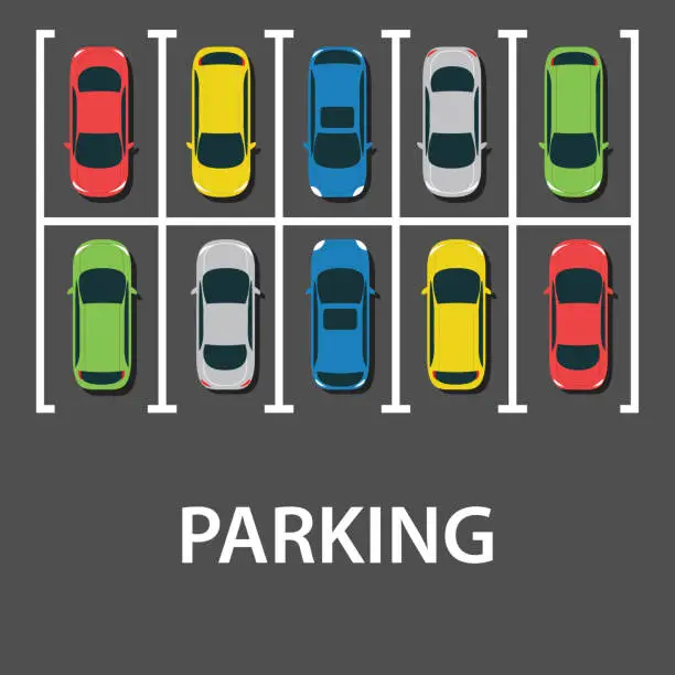 Vector illustration of Top view of a city parking lot with a set of different cars. Shortage parking spaces. Parking zone. vector illustration in flat design, web banner.