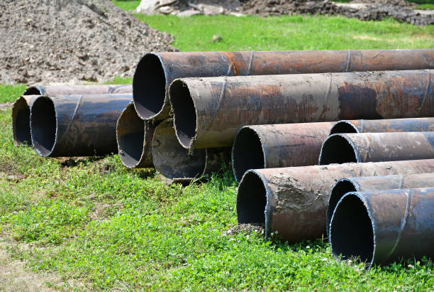 istock Large metal pipes at the construction site 1270001053