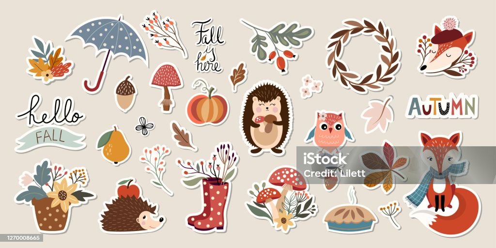 Autumn Stickers Collection With Cute Seasonal Elements Stock Illustration -  Download Image Now - iStock