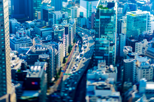 A miniature highway at the urban city in Tokyo tiltshift. Shibuya district Tokyo / Japan - 08.03.2020