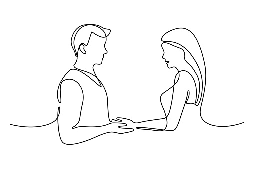 Couple in love in continuous line art drawing style. Loving man and woman standing facing each other holding hands black linear sketch isolated on white background. Vector illustration