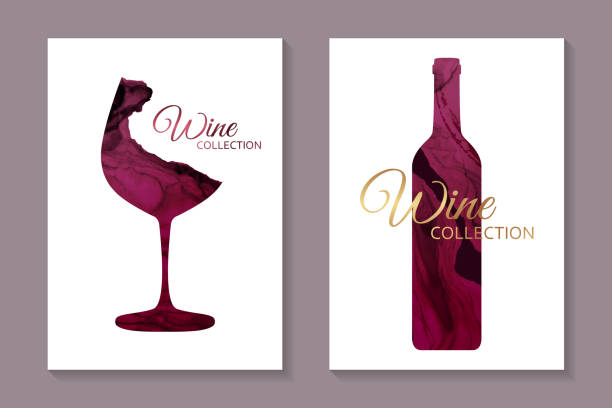 Modern abstract card templates for wine tasting invitation or poster or banner or presentation. Set of two cards with red glass and bottle in alcohol ink style on a white background. wine stock illustrations