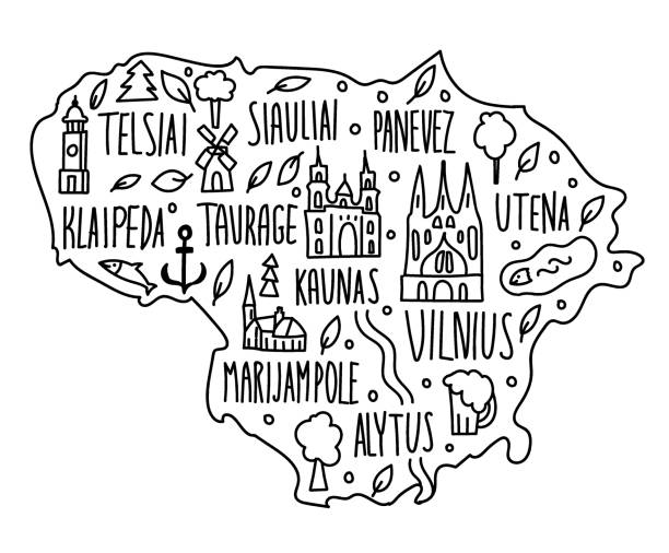 Hand drawn doodle Lithuania map. Lithuanian city names lettering and cartoon landmarks, tourist attractions cliparts. travel, banner concept design. Vilnius, utena, klaipeda, ancor. Hand drawn doodle Lithuania map. Lithuanian city names lettering and cartoon landmarks, tourist attractions cliparts. travel, banner concept design. Vilnius, utena, klaipeda, ancor lithuania stock illustrations