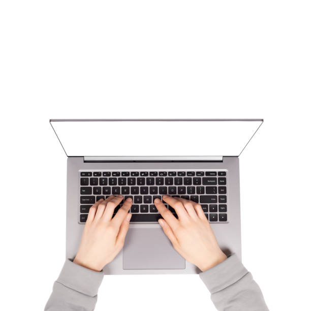 istock Female hands working on new laptop isolated on white background 1270020078