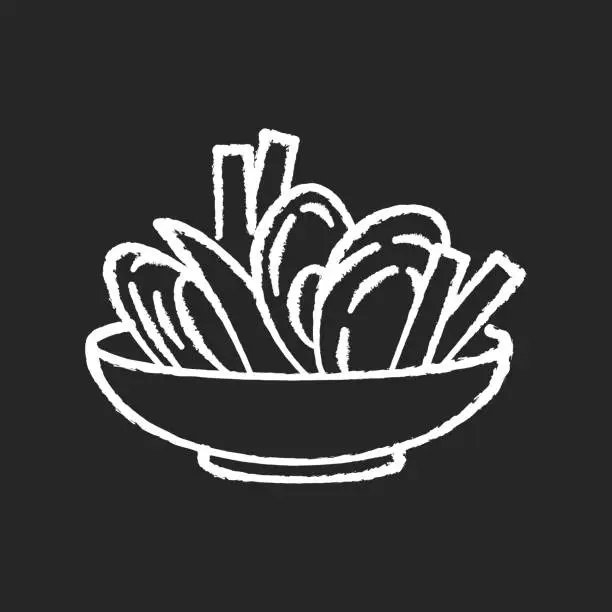Vector illustration of Moules frites chalk white icon on black background