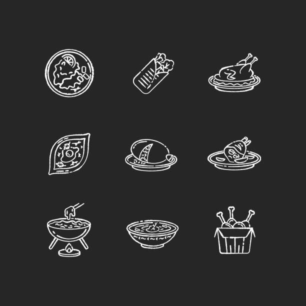 Cafe meals chalk white icons set on black background Cafe meals chalk white icons set on black background. Wrapped shawarma with meat and lettuce. Peking duck. Ukrainian borscht. Khachapuri recipe. Fast food. Isolated vector chalkboard illustrations cheese fondue stock illustrations