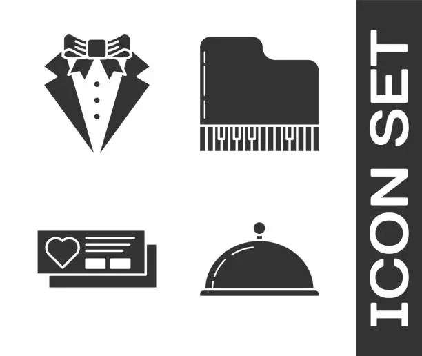 Vector illustration of Set Covered with a tray of food, Suit, Ticket with heart and Grand piano icon. Vector