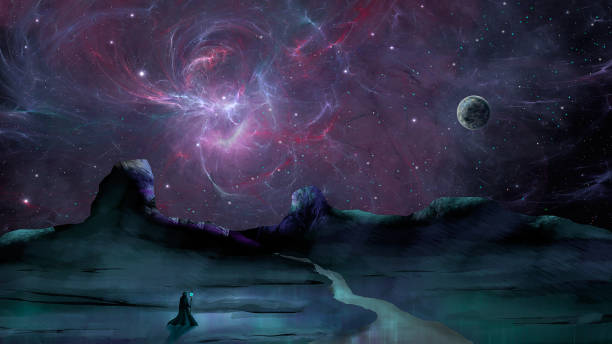 istock Space background. Magician standing on mountain land silhouette with river and planet on colorful fractal nebula 1270025301