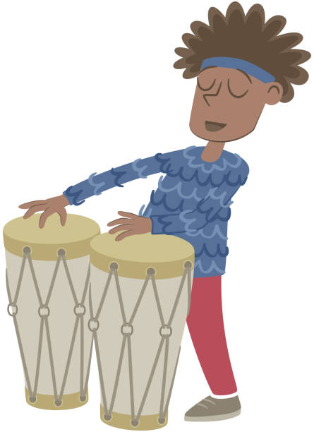Afro boy playing the bongos Retro style illustration of a little black boy playing the bongos. cartoon of a african bongo drums stock illustrations
