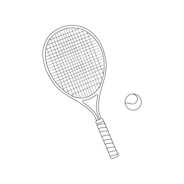 illustrazioni stock, clip art, cartoni animati e icone di tendenza di illustrazione di racchetta da tennis e palla da tennis. - tennis court tennis racket forehand