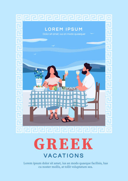 Greek vacation poster flat vector template Greek vacation poster flat vector template. Holiday recreation on Crete. Romantic getaway. Brochure, booklet one page concept design with cartoon characters. Mediterranean resort flyer, leaflet crete cartoon stock illustrations