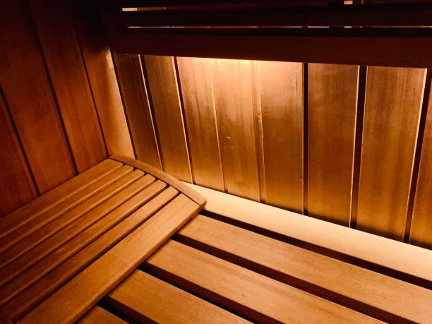 istock Finnish wooden sauna inside interior 1270030299