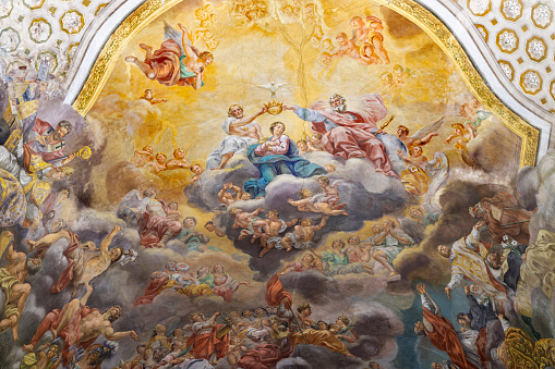 Acireale - The fresco of Coronation of Virgin Mary on the ceiling of Duomo by Paolo, Gaetano and Antonio Filocamo (1711).