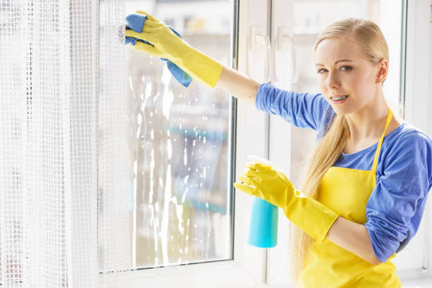 istock Woman cleaning window at home 1270031836