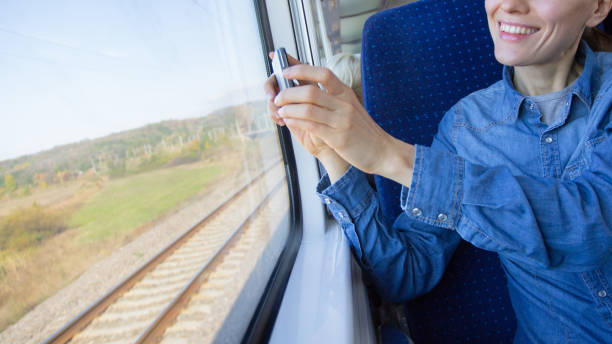 istock beautiful girl traveling by train and using phone looking 1270032293