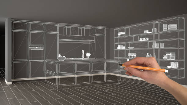 istock Empty white interior with parquet floor and big panoramic window, hand drawing custom architecture design, white ink sketch, blueprint showing modern kitchen 1270034897