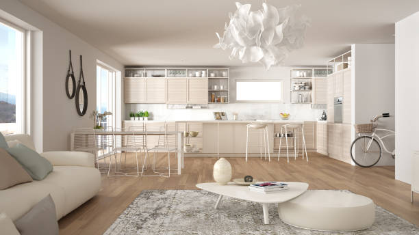 istock Penthouse living room and kitchen interior design, lounge with sofa and carpet, dining table, island with stools, parquet. Modern minimalist white architecture concept idea 1270034907