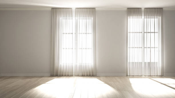 istock Stylish empty room with panoramic windows, parquet wooden floor, classic shutters, classic white curtains. White background with copy space, interior design concept idea 1270034910