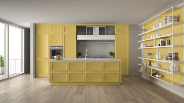 istock Classic yellow kitchen in modern open space with parquet floor and big panoramic window with balcony, island and accessories, minimalist contemporary interior design 1270034935