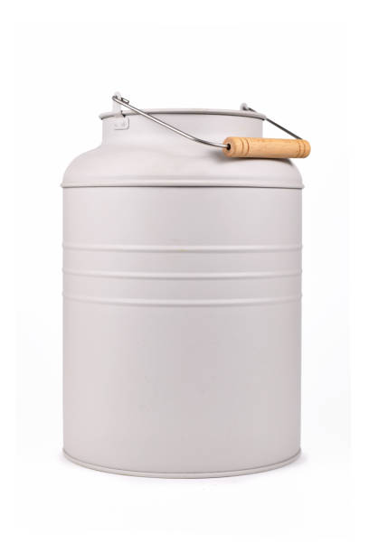 istock Light gray milk can with wooden handle on white background 1270035213