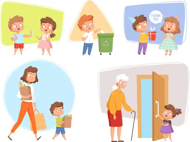 Vector illustration of Good manners. Perfect behaving kids obedient peoples offers childrens talking with elder person vector characters