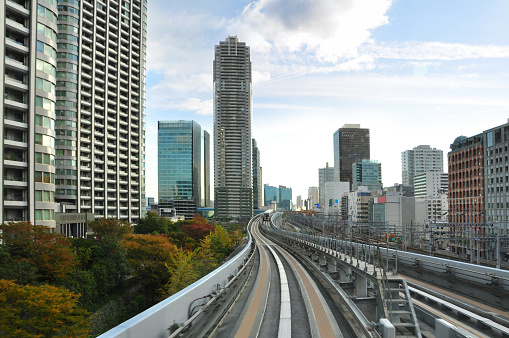 Modern and futuristic architecture of Tokyo city skyline and autumn color trees