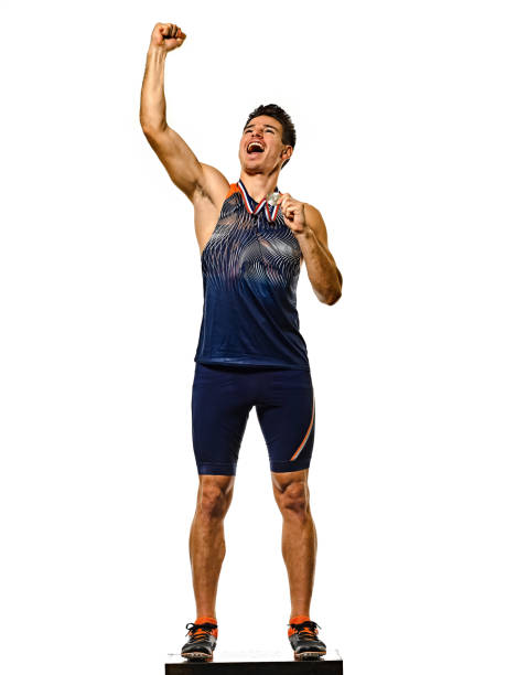 若い男陸上競技アテトル金メダリスト孤立白の背景 - メダリスト ストックフォトと画像
