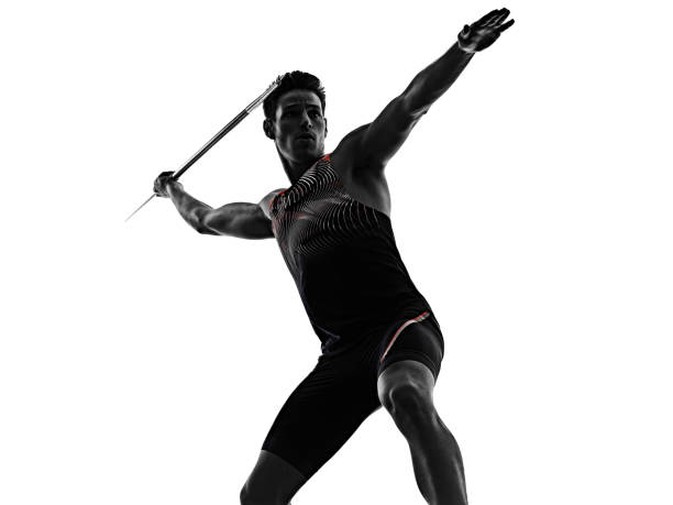 junge mann leichtathletik javelin athlet isoliert weißen hintergrund - javelin stock-fotos und bilder