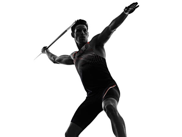 jovem atletismo javelin atleta isolado fundo branco - javelin - fotografias e filmes do acervo