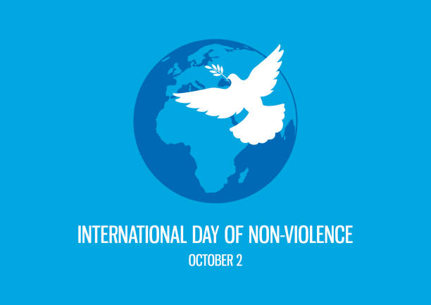 International Day of Non-Violence vector Dove of Peace vector. Planet Earth with a Dove icon. Silhouette of a dove on a blue background. Day of Non-Violence Poster, October 2. Important day dove earth globe symbols of peace stock illustrations