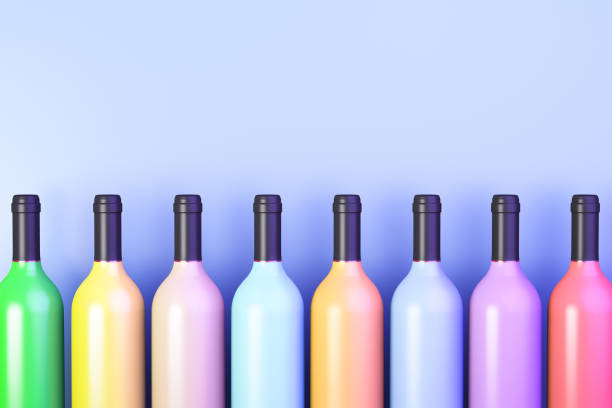 istock A row of multi-colored wine bottles. Blue background. 1270042687