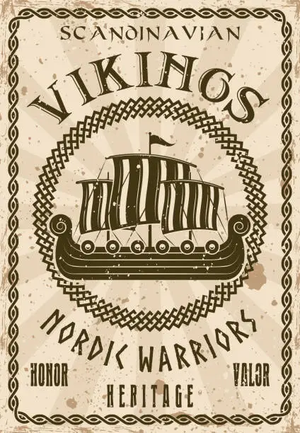 Vector illustration of Vikings sailship or drakkar boat vector poster in vintage style with grunge textures and sample text