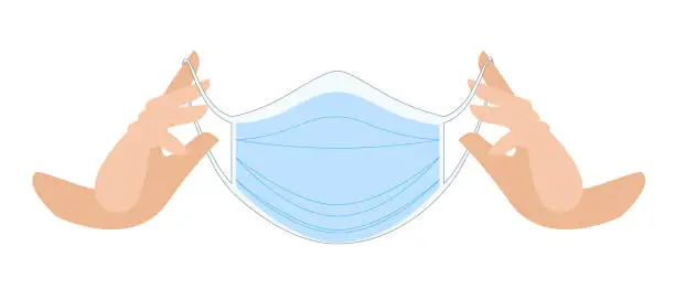 Vector illustration of Medical mask in hands. Protective medical face mask against viruses and bacteria. hands put on mask. medical. professional medical care accessories.