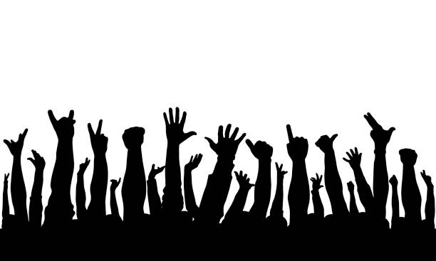 Raised hands of crowd of people, silhouettes. Vector illustration Raised hands of crowd of people, silhouettes. Vector illustration concert crowd stock illustrations