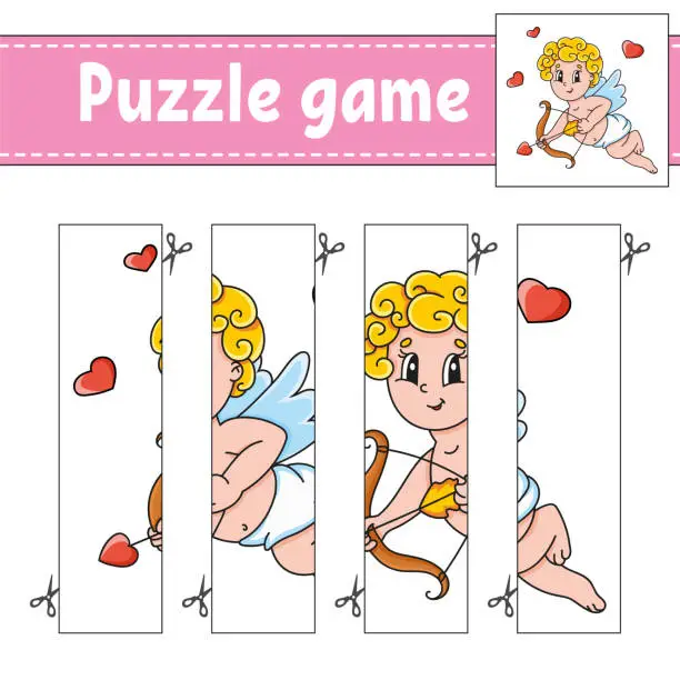 Vector illustration of Puzzle game for kids. Cutting practice. Education developing worksheet. Valentine's Day. Activity page.Cartoon character.