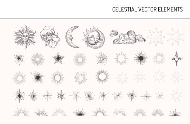 ヴィンテージデザイン要素のセット。太陽、月、星、布、壁紙、装飾のための月明かり東洋スタイル天体占星術シンボル。分離ベクトルの図 - oriental style illustrations点のイラスト素材／クリップアート素材／マンガ素材／アイコン素材