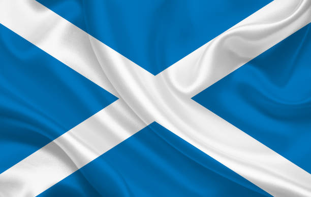 istock Scotland country flag on wavy silk fabric background panorama 1270047584