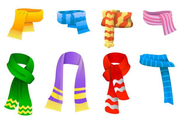 illustrazioni stock, clip art, cartoni animati e icone di tendenza di collezione di sciarpe per ragazzi e ragazze con il freddo. le sciarpe impostano le icone in stile cartone animato. vestiti riscaldanti invernali. illustrazione vettoriale - sciarpa