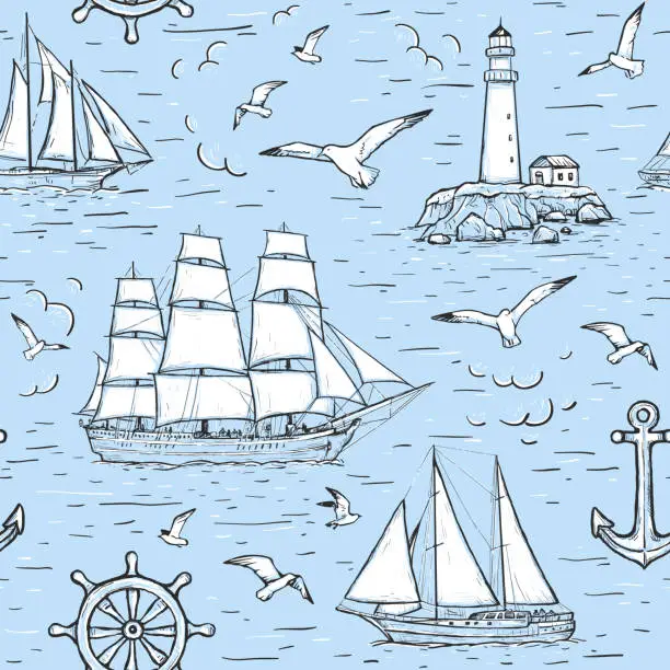 Vector illustration of Vector sketch seamless marine pattern with sailing ship, lighthouse, seagulls, anchor. Design on blue background