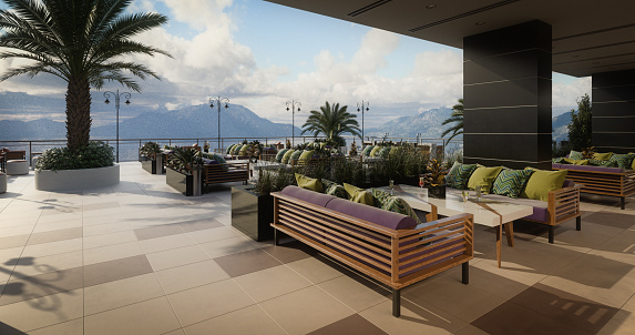 Digitally generated modern terrace café.\n\nThe scene was rendered with photorealistic shaders and lighting in Autodesk® 3ds Max 2020 with V-Ray 5 with some post-production added.